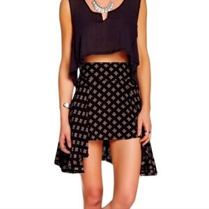 Free People Skirt New York Black Raven Block Print Asymmetrical Raw Hem. Size 0